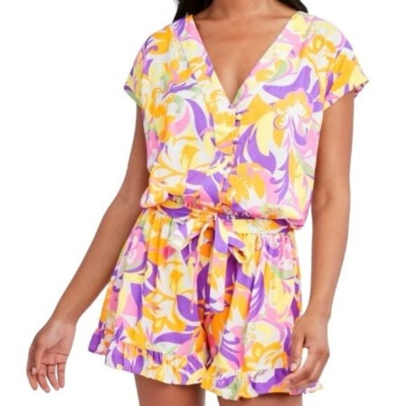 BCBGeneration Give it a Swirl Printed V-Neck Elastic Waist Romper Yellow/Purple - Picture 1 of 6